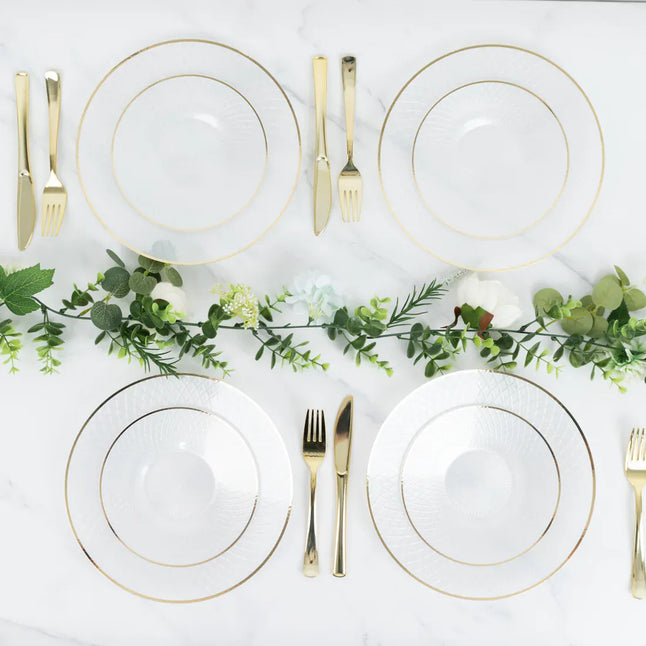 20 Plastic Round Salad Dinner Plates with Diamond Cut Pattern and Gold Rim