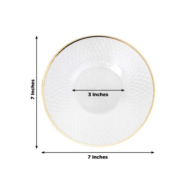 20 Plastic Round Salad Dinner Plates with Diamond Cut Pattern and Gold Rim