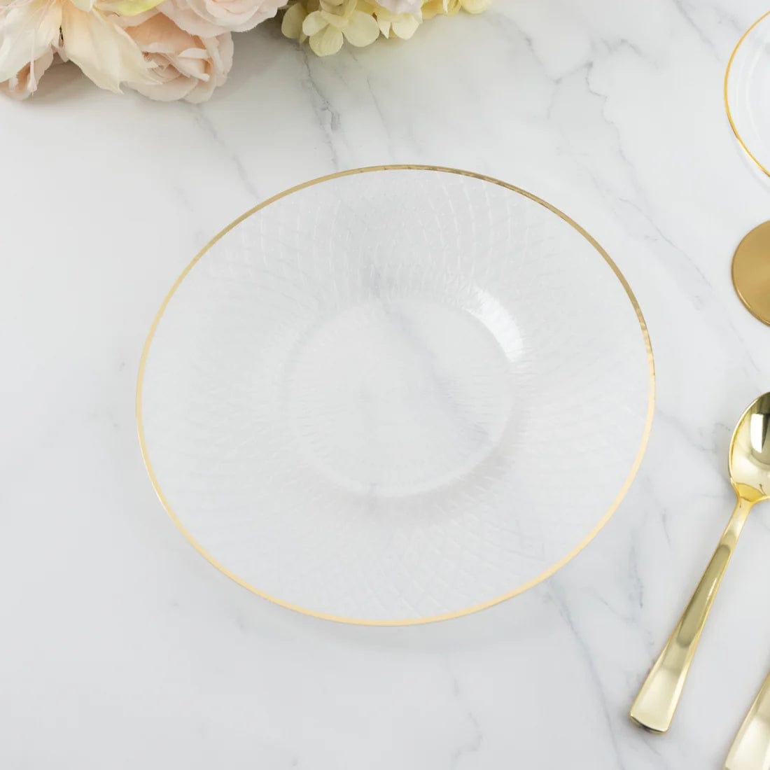 20 Plastic Round Salad Dinner Plates with Diamond Cut Pattern and Gold Rim