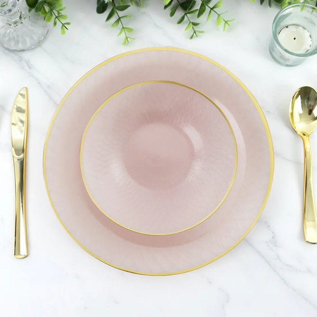 20 Plastic Round Salad Dinner Plates with Diamond Cut Pattern and Gold Rim