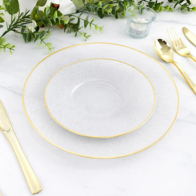 20 Plastic Round Salad Dinner Plates with Diamond Cut Pattern and Gold Rim