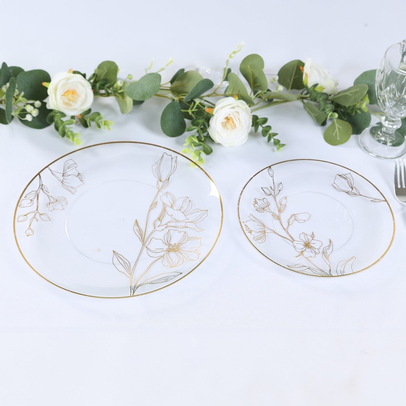 20 Round Disposable Salad and Dinner Plastic Plates with Gold Floral Design