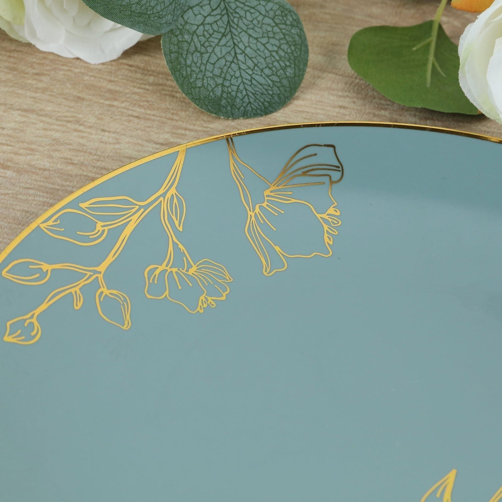 20 Round Disposable Salad and Dinner Plastic Plates with Gold Floral Design
