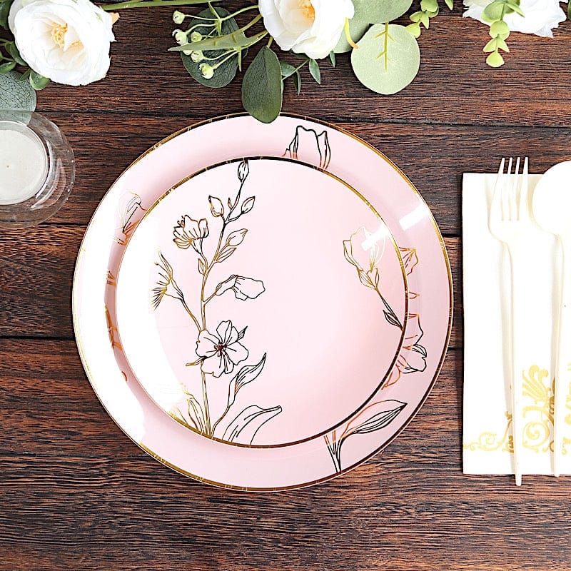 20 Round Disposable Salad and Dinner Plastic Plates with Gold Floral Design