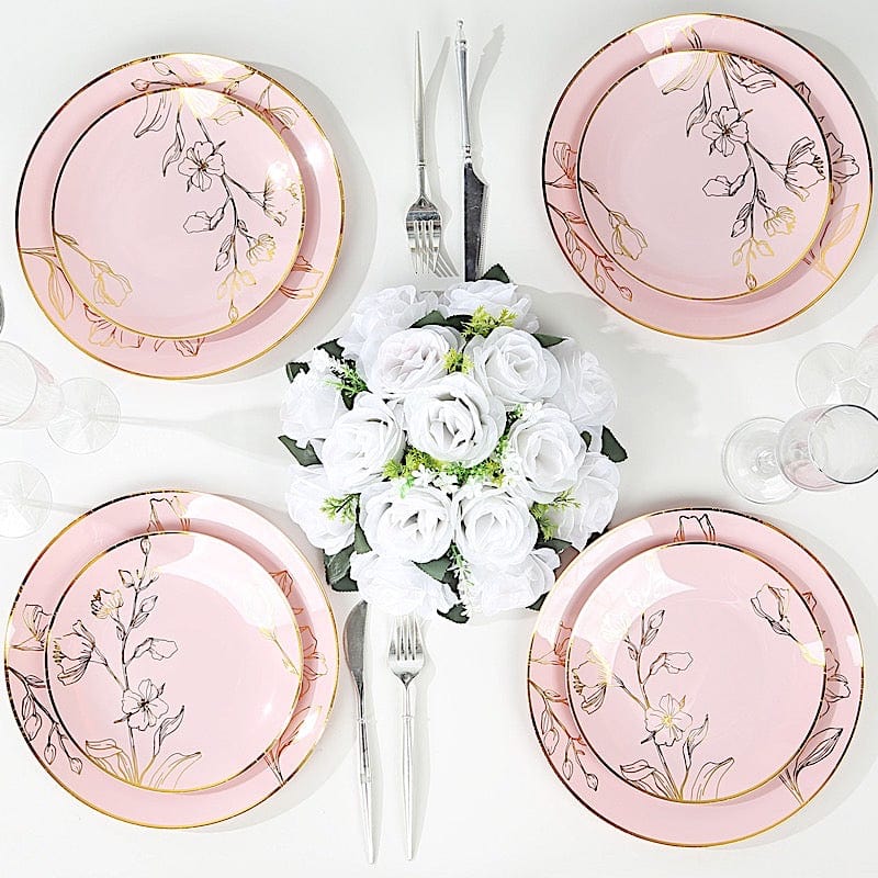 20 Round Disposable Salad and Dinner Plastic Plates with Gold Floral Design
