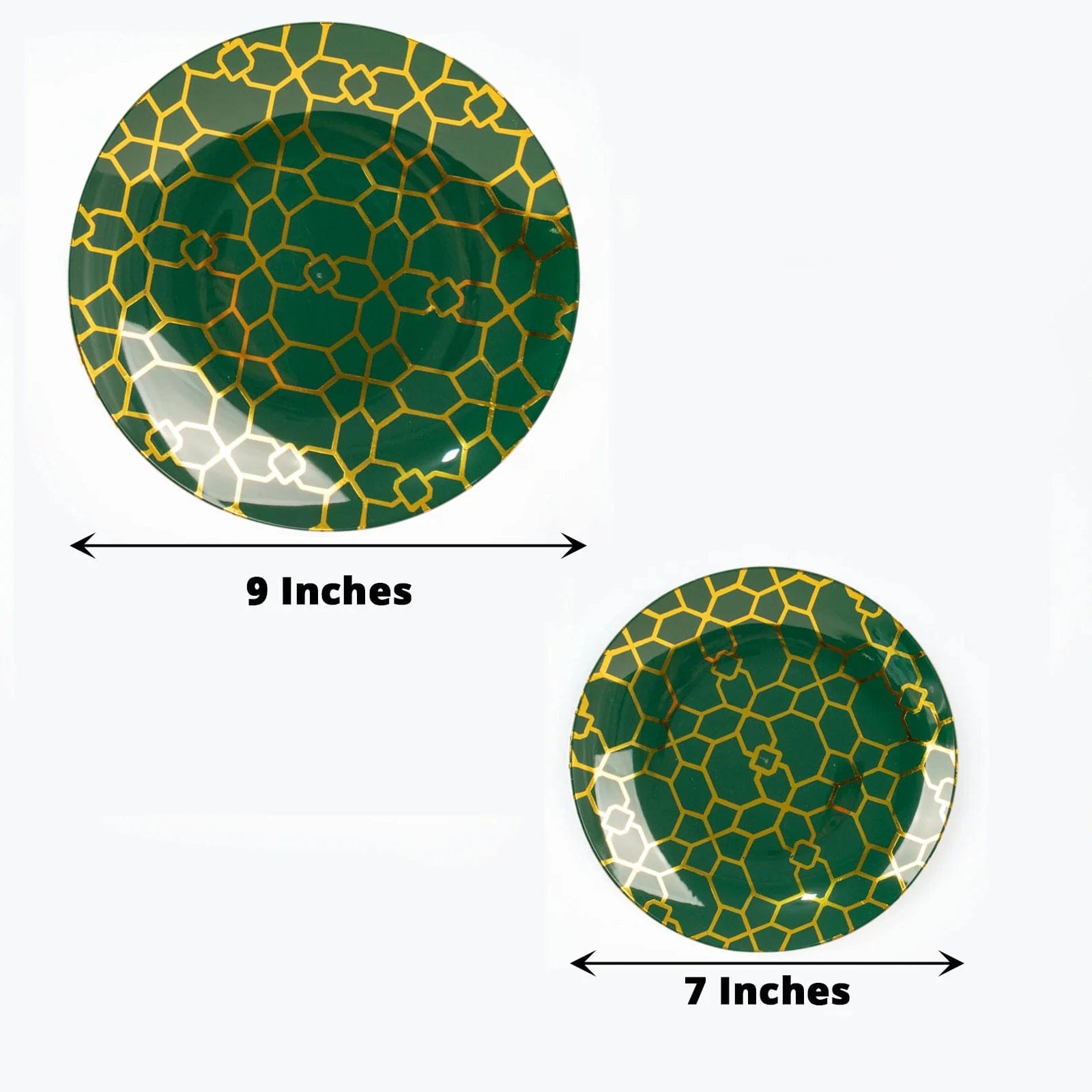 20 Round Disposable Salad and Dinner Plastic Plates with Gold Geometric Design