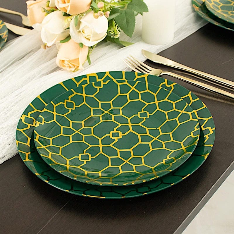 20 Round Disposable Salad and Dinner Plastic Plates with Gold Geometric Design
