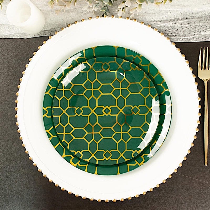 20 Round Disposable Salad and Dinner Plastic Plates with Gold Geometric Design