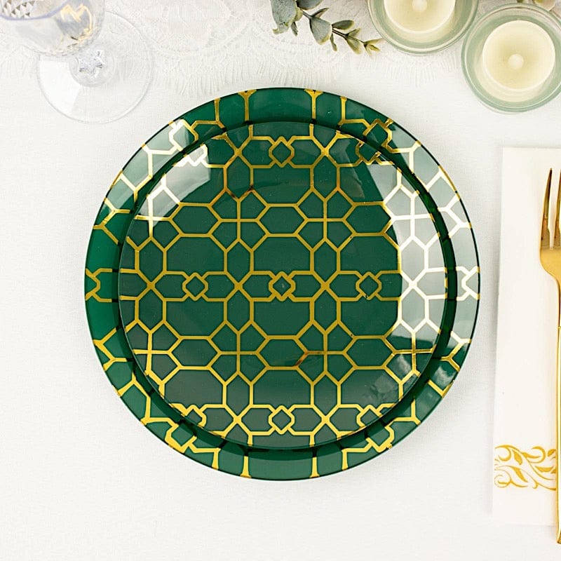20 Round Disposable Salad and Dinner Plastic Plates with Gold Geometric Design