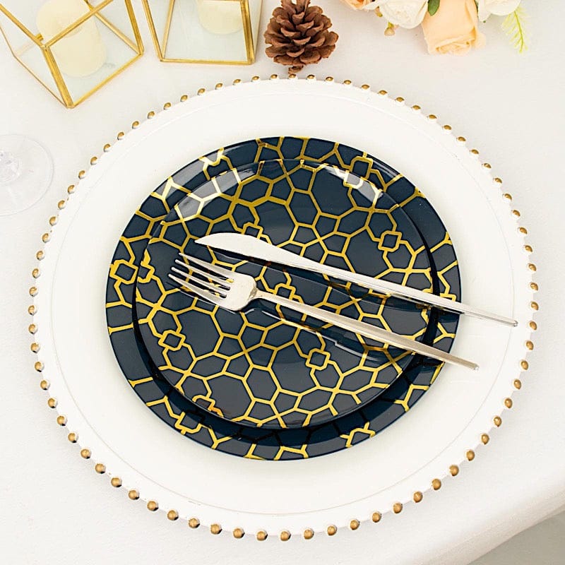 20 Round Disposable Salad and Dinner Plastic Plates with Gold Geometric Design