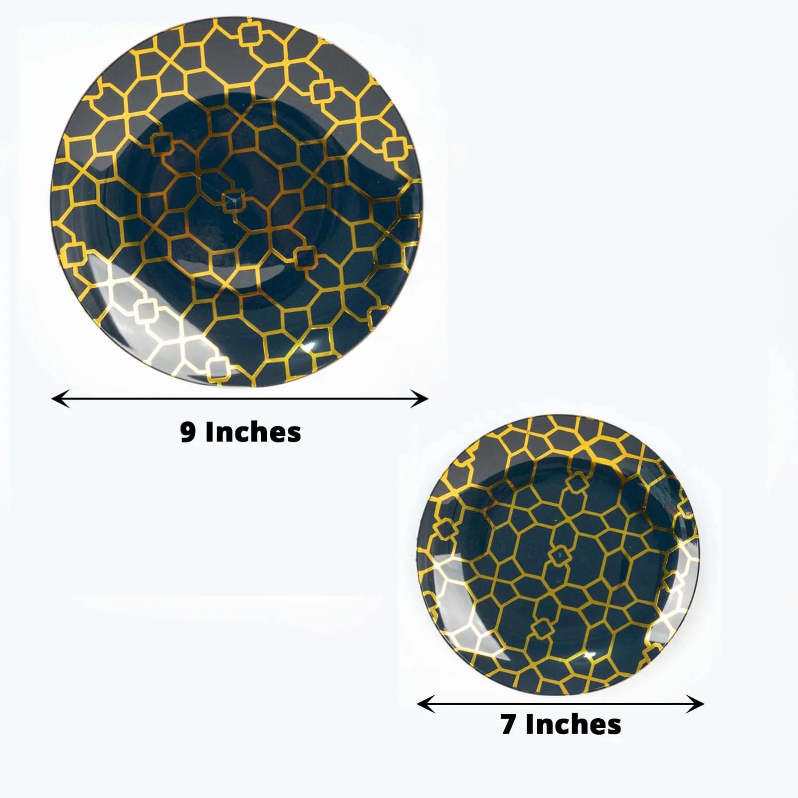 20 Round Disposable Salad and Dinner Plastic Plates with Gold Geometric Design