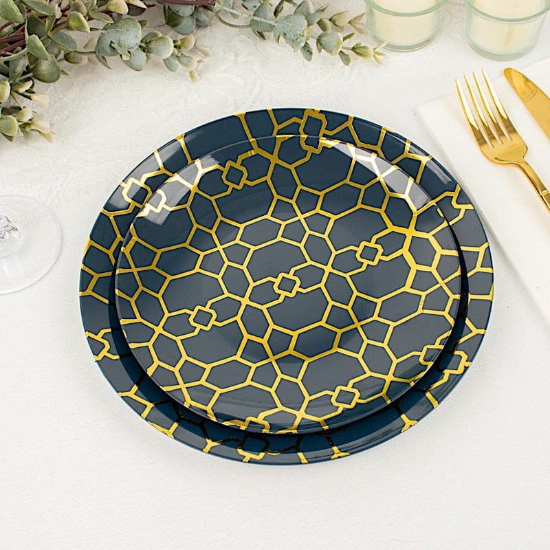 20 Round Disposable Salad and Dinner Plastic Plates with Gold Geometric Design