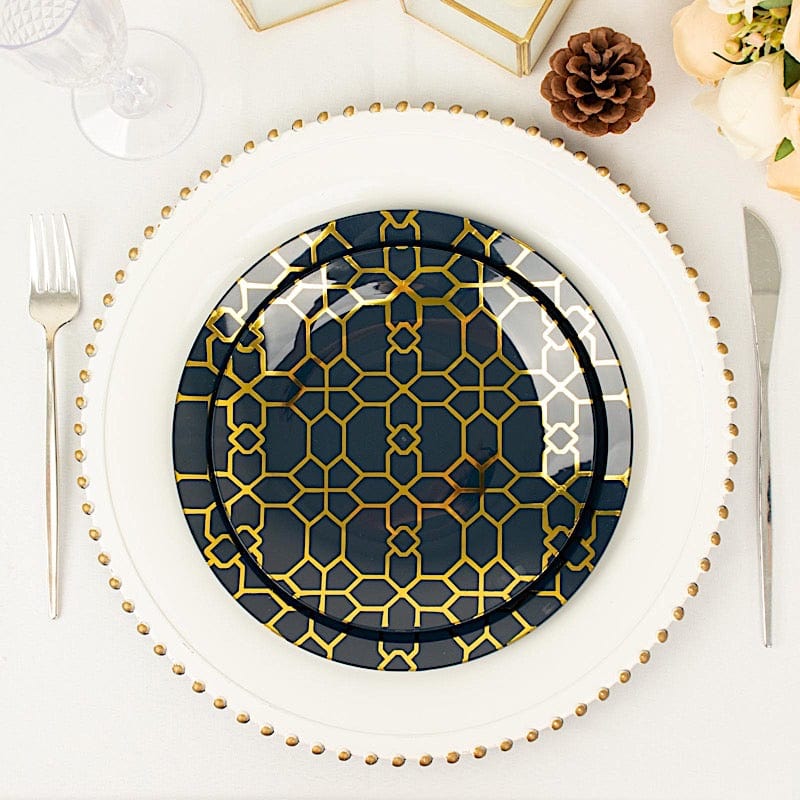 20 Round Disposable Salad and Dinner Plastic Plates with Gold Geometric Design