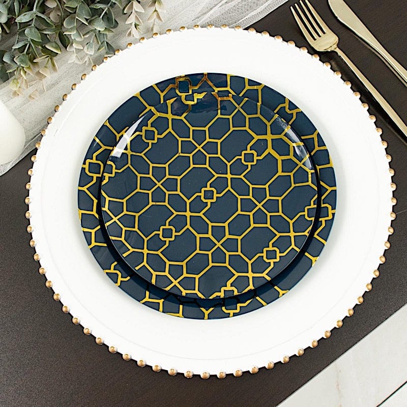 20 Round Disposable Salad and Dinner Plastic Plates with Gold Geometric Design