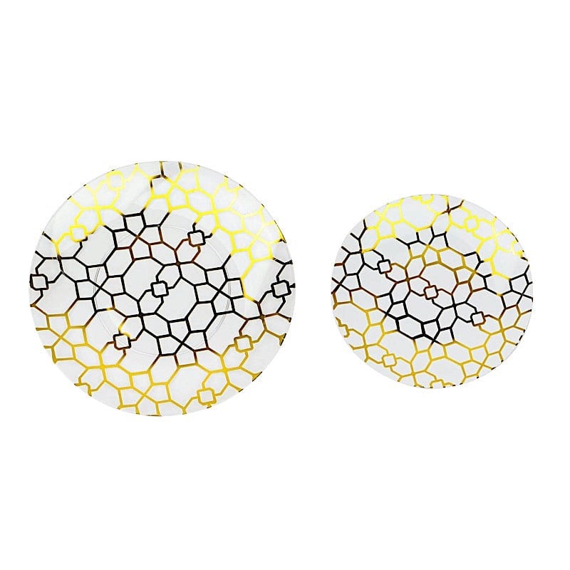 20 Round Disposable Salad and Dinner Plastic Plates with Gold Geometric Design