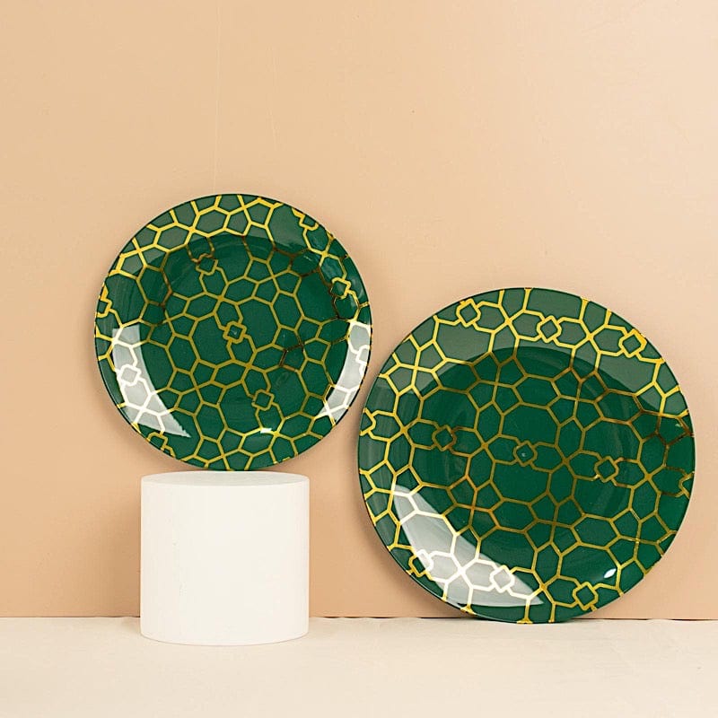 20 Round Disposable Salad and Dinner Plastic Plates with Gold Geometric Design
