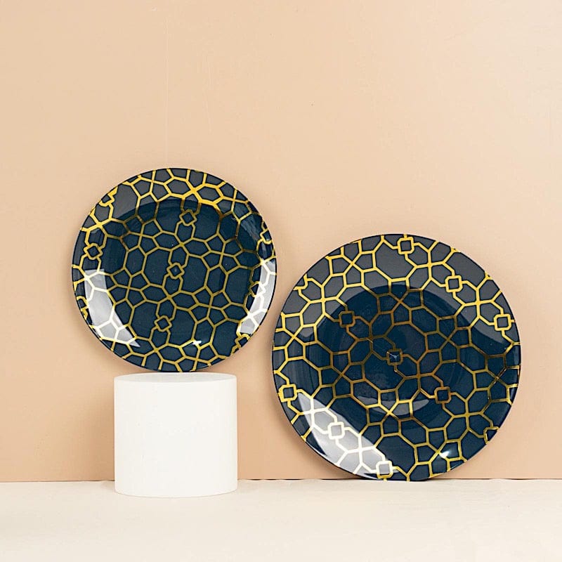 20 Round Disposable Salad and Dinner Plastic Plates with Gold Geometric Design