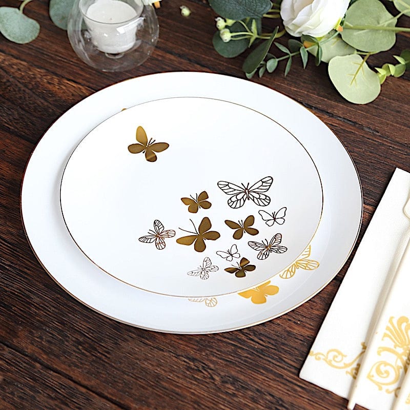 20 White Gold Disposable Butterfly Round Plastic Plates