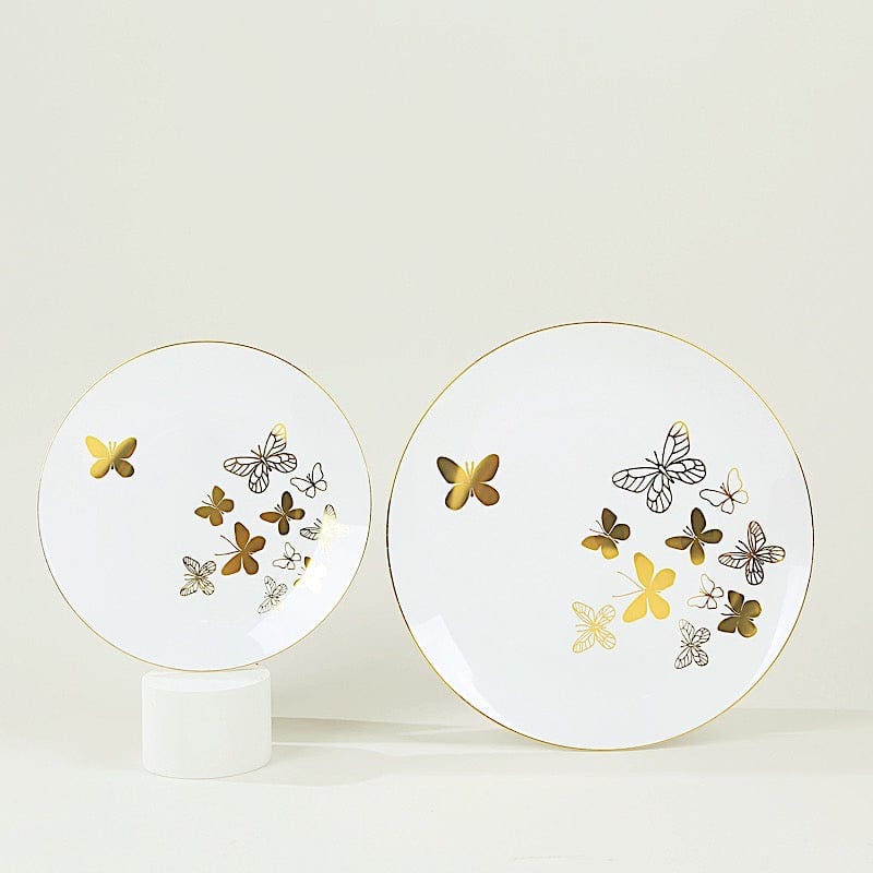 20 White Gold Disposable Butterfly Round Plastic Plates