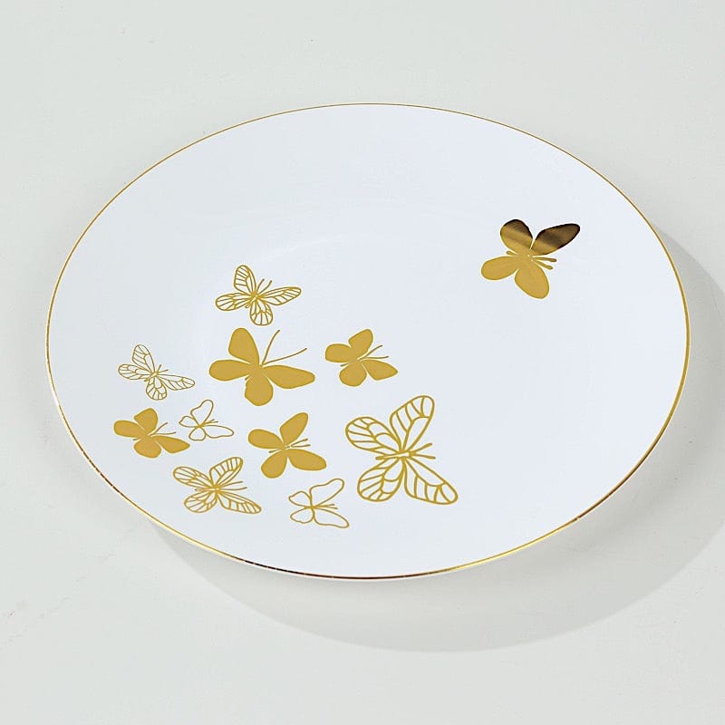 20 White Gold Disposable Butterfly Round Plastic Plates