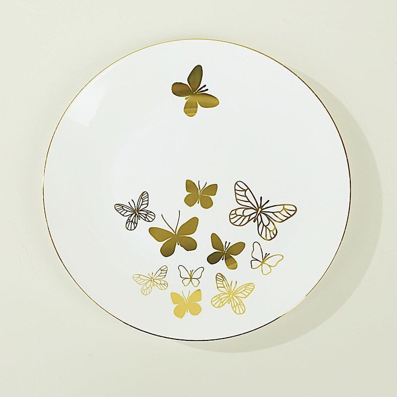 20 White Gold Disposable Butterfly Round Plastic Plates