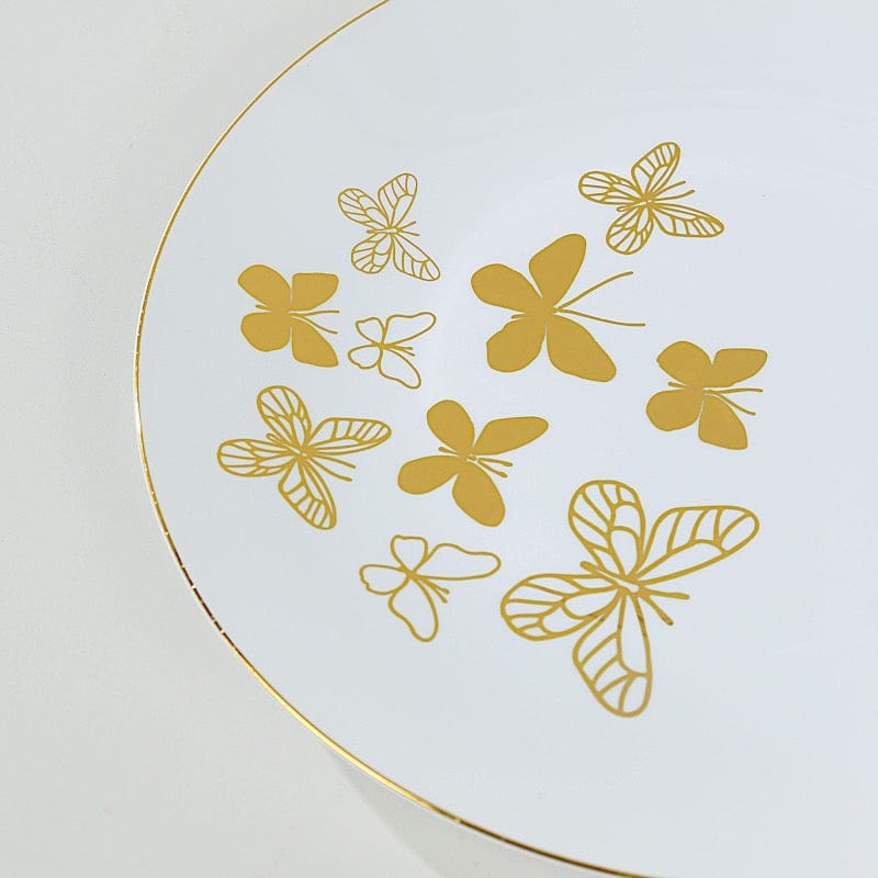 20 White Gold Disposable Butterfly Round Plastic Plates