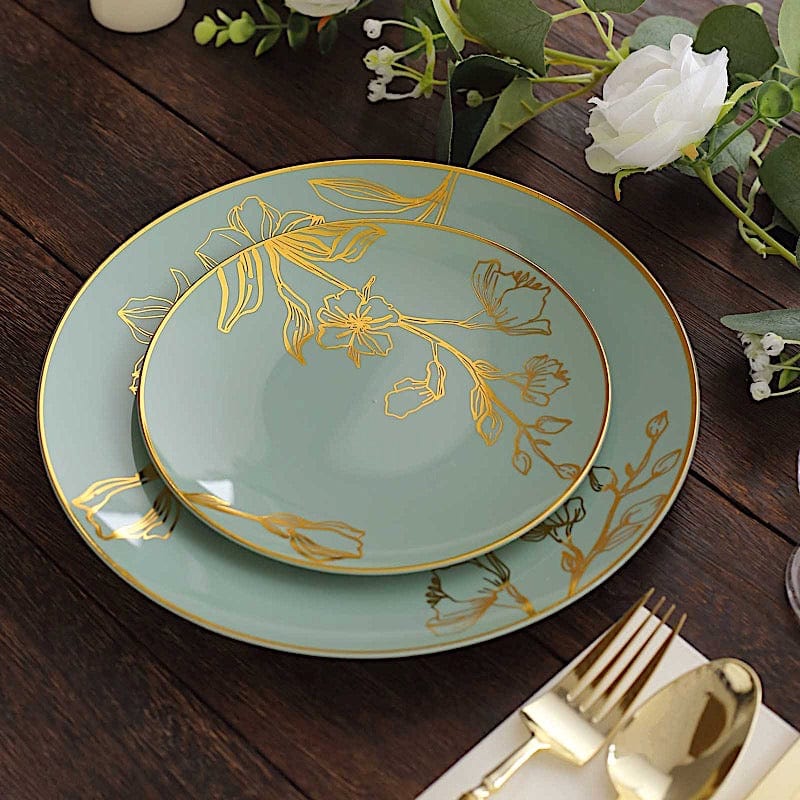 20 Round Disposable Salad and Dinner Plastic Plates with Gold Floral Design