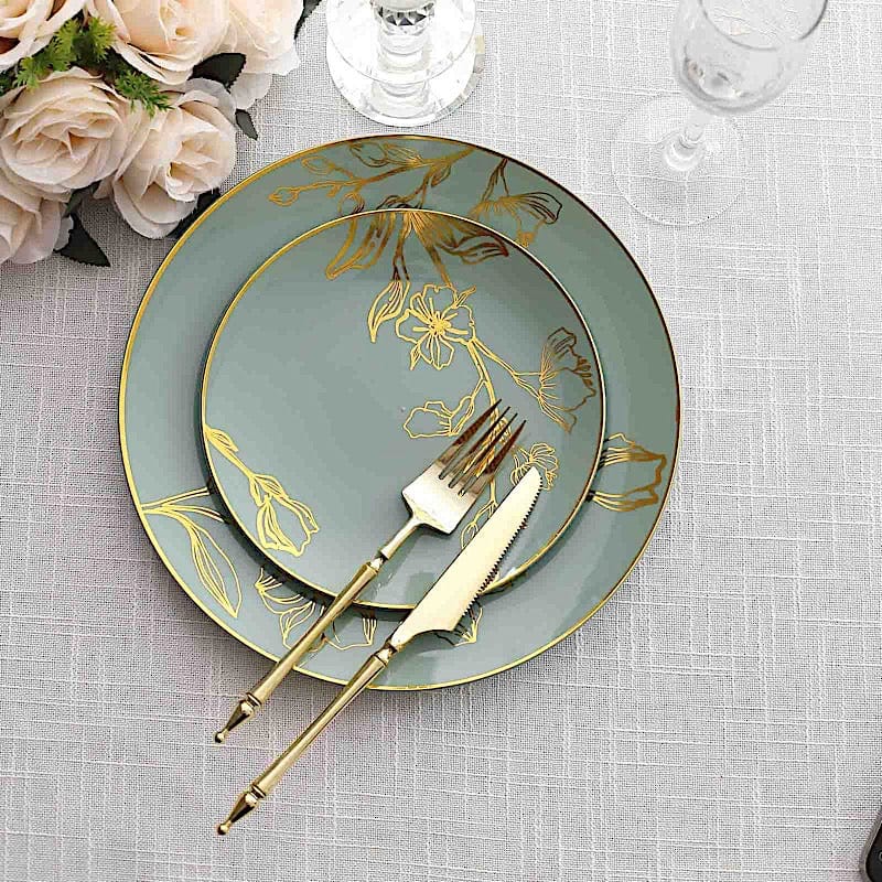 20 Round Disposable Salad and Dinner Plastic Plates with Gold Floral Design