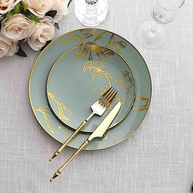 20 Round Disposable Salad and Dinner Plastic Plates with Gold Floral Design