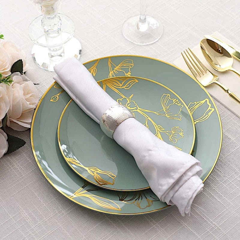 20 Round Disposable Salad and Dinner Plastic Plates with Gold Floral Design
