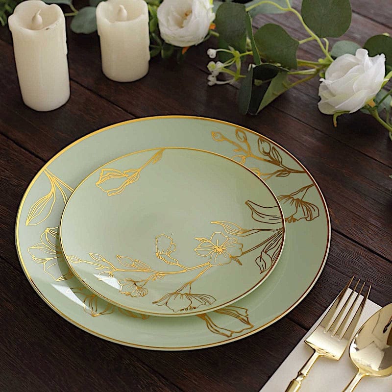20 Round Disposable Salad and Dinner Plastic Plates with Gold Floral Design