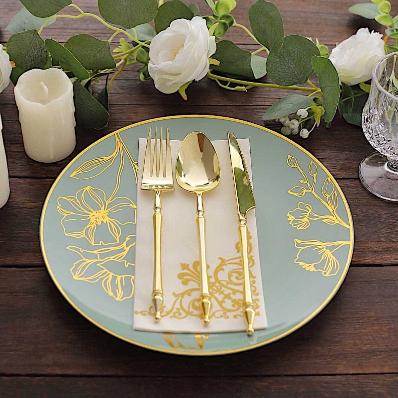 20 Round Disposable Salad and Dinner Plastic Plates with Gold Floral Design