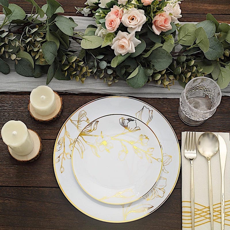 20 Round Disposable Salad and Dinner Plastic Plates with Gold Floral Design