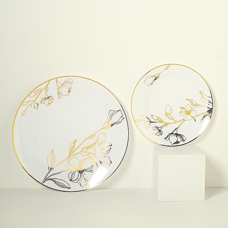 20 Round Disposable Salad and Dinner Plastic Plates with Gold Floral Design