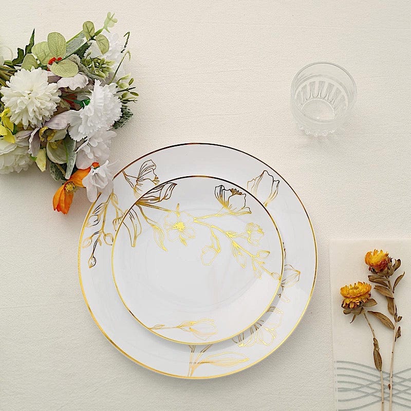 20 Round Disposable Salad and Dinner Plastic Plates with Gold Floral Design