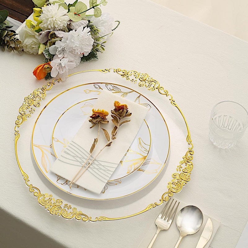 20 Round Disposable Salad and Dinner Plastic Plates with Gold Floral Design