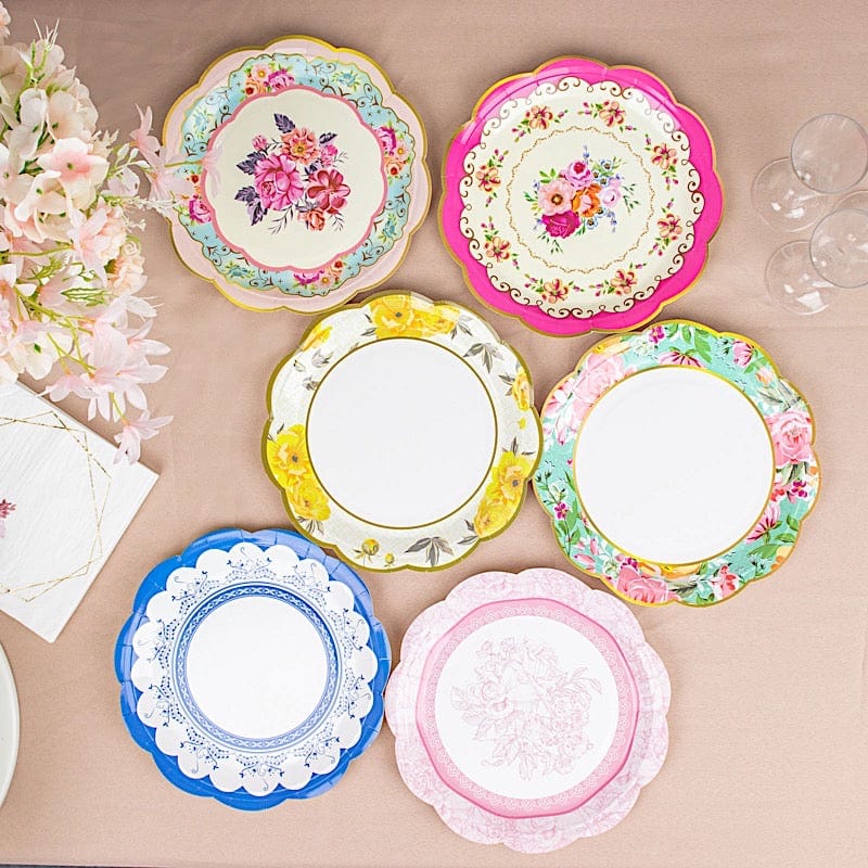 24 Round 9 in Assorted Floral Disposable Paper Plates with Scalloped Trim