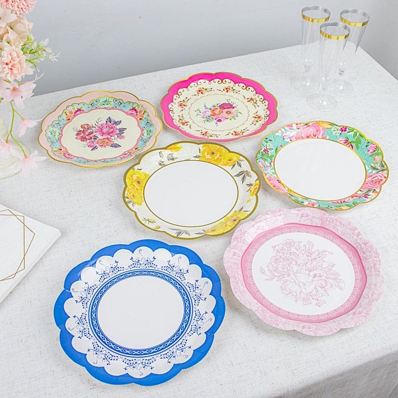 24 Round 9 in Assorted Floral Disposable Paper Plates with Scalloped Trim