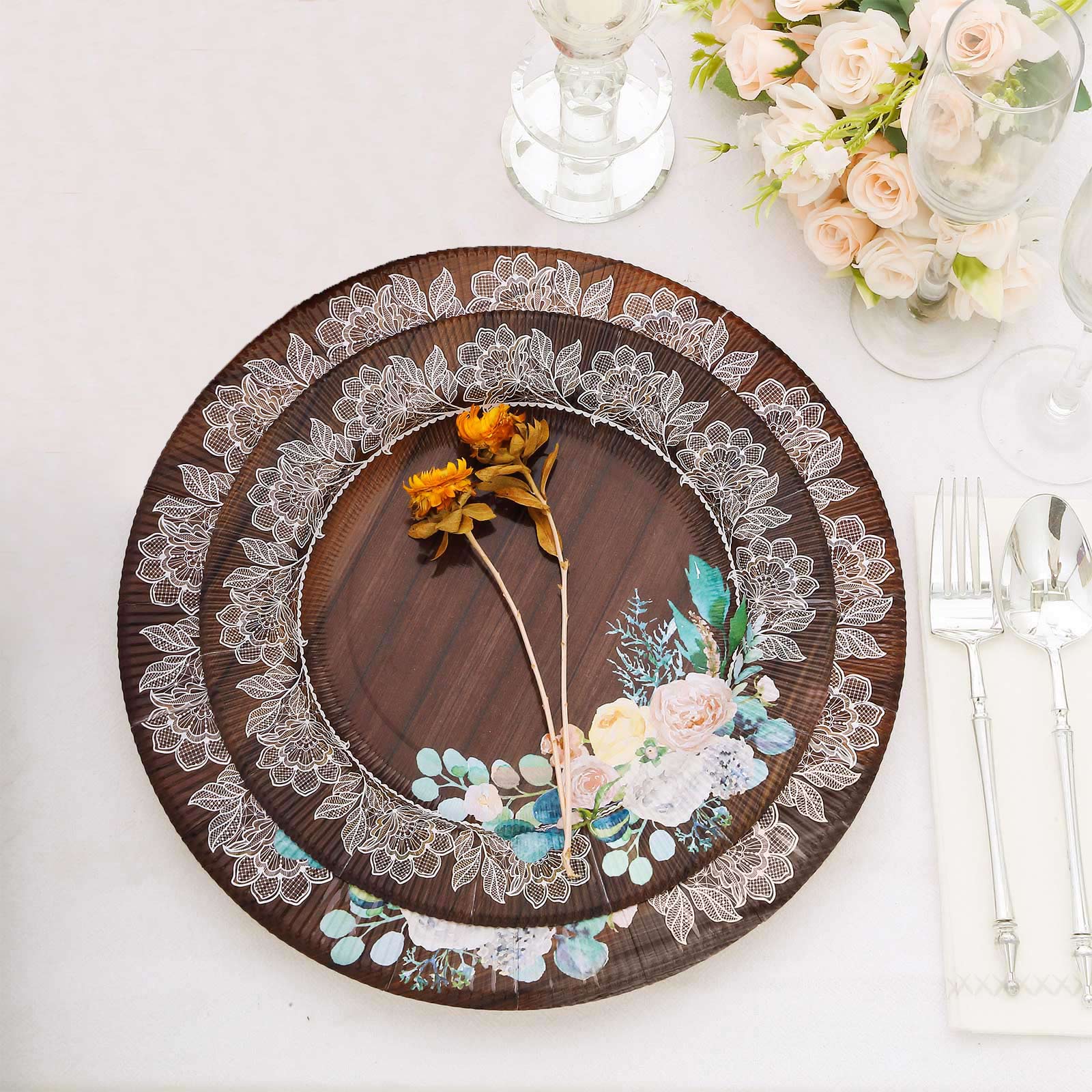 25 Brown 8 in Wood Print Disposable Dessert Paper Plates with Floral Lace Trim