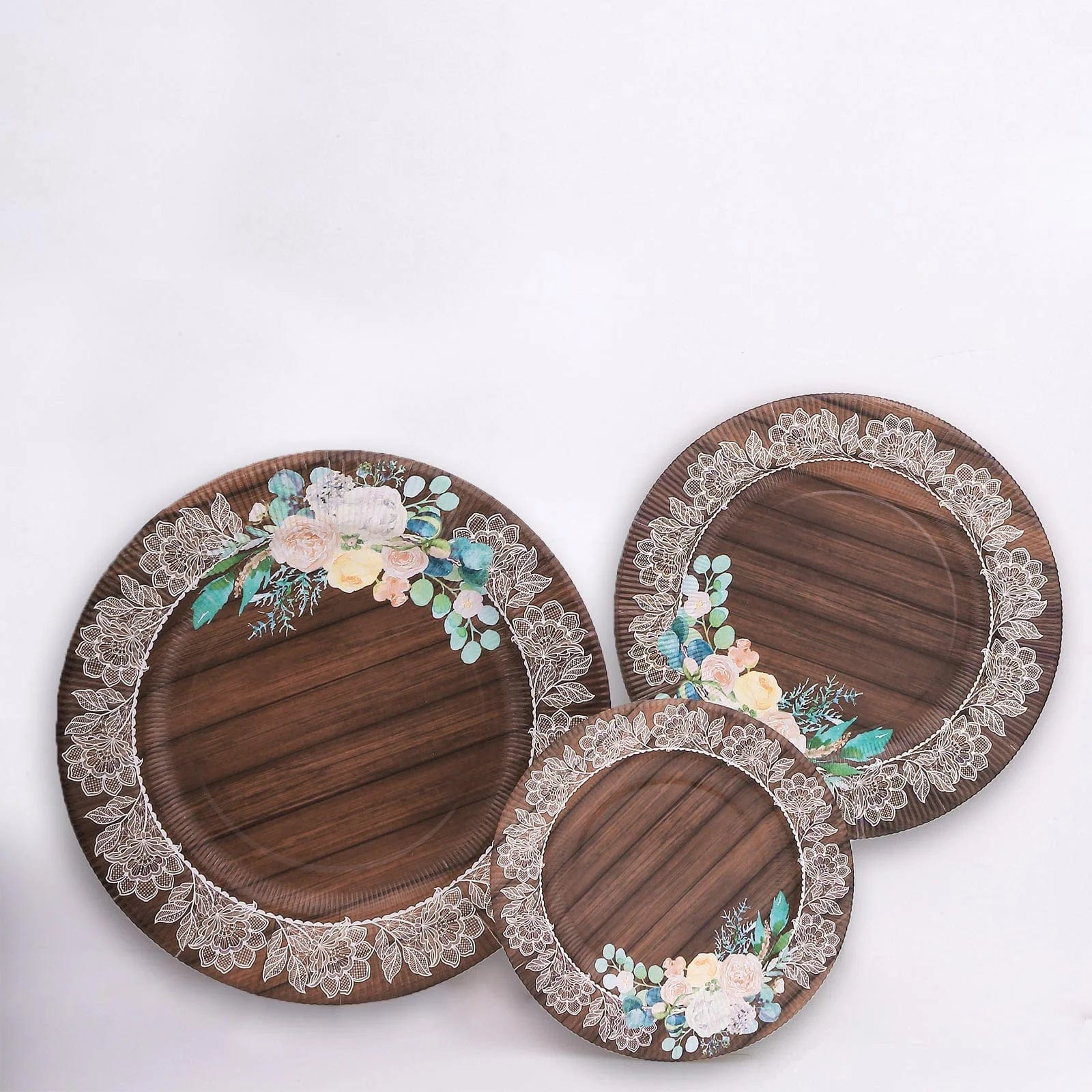 25 Brown 8 in Wood Print Disposable Dessert Paper Plates with Floral Lace Trim