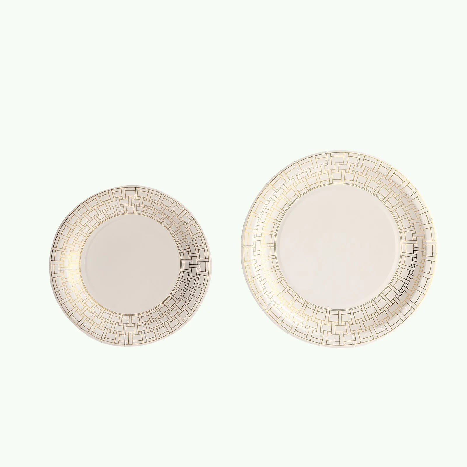 25 White Round Disposable Paper Plates with Gold Basketweave Design Rim