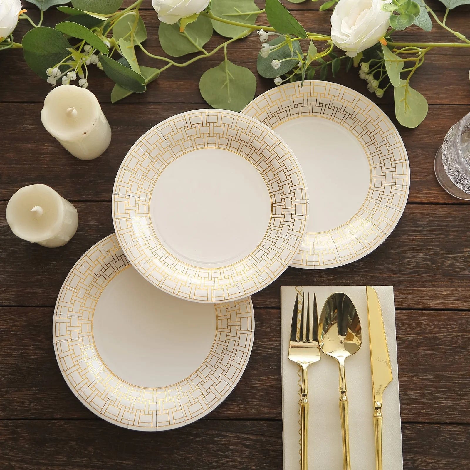 25 White Round Disposable Paper Plates with Gold Basketweave Design Rim