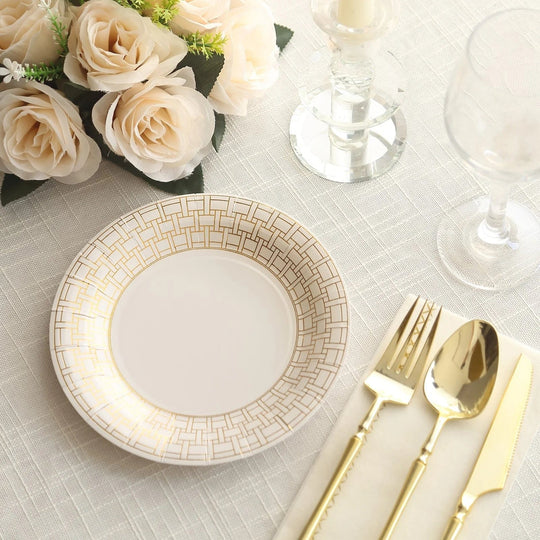 25 White Round Disposable Paper Plates with Gold Basketweave Design Rim