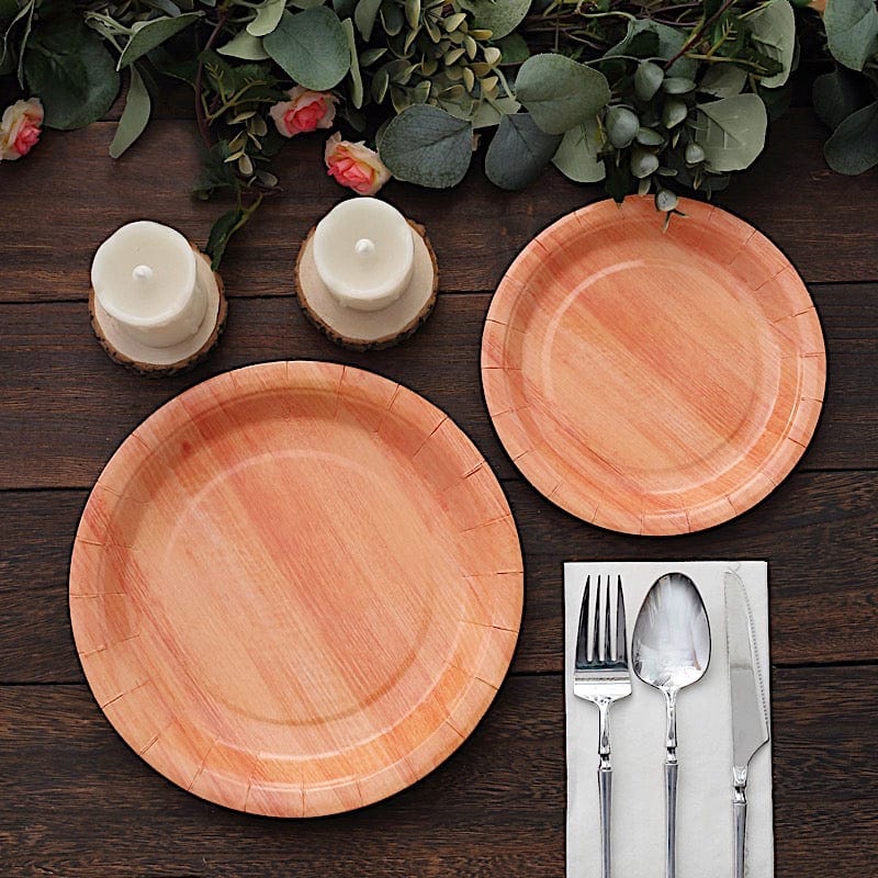 25 Natural Round Disposable Paper Plates Wood Grain Design