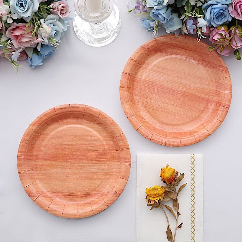 25 Natural Round Disposable Paper Plates Wood Grain Design
