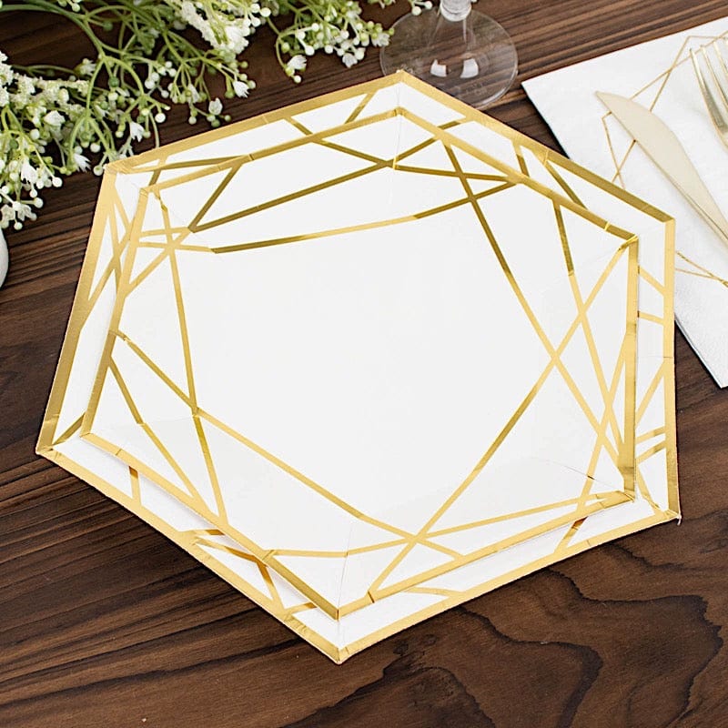 25 Navy Blue Hexagon Disposable Salad Paper Plates with Gold Trim