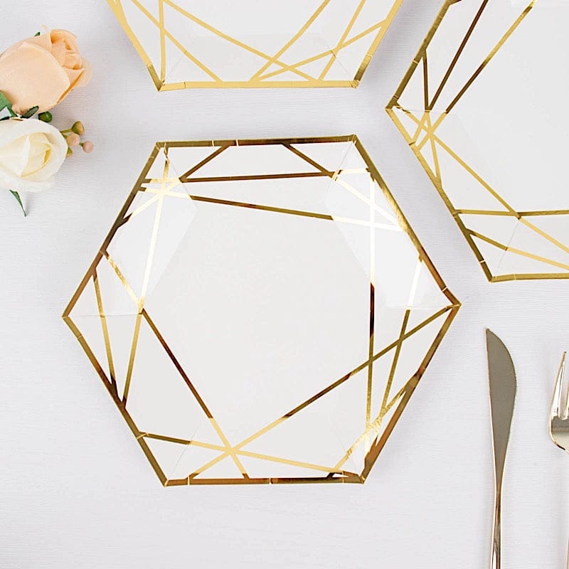 25 Navy Blue Hexagon Disposable Salad Paper Plates with Gold Trim