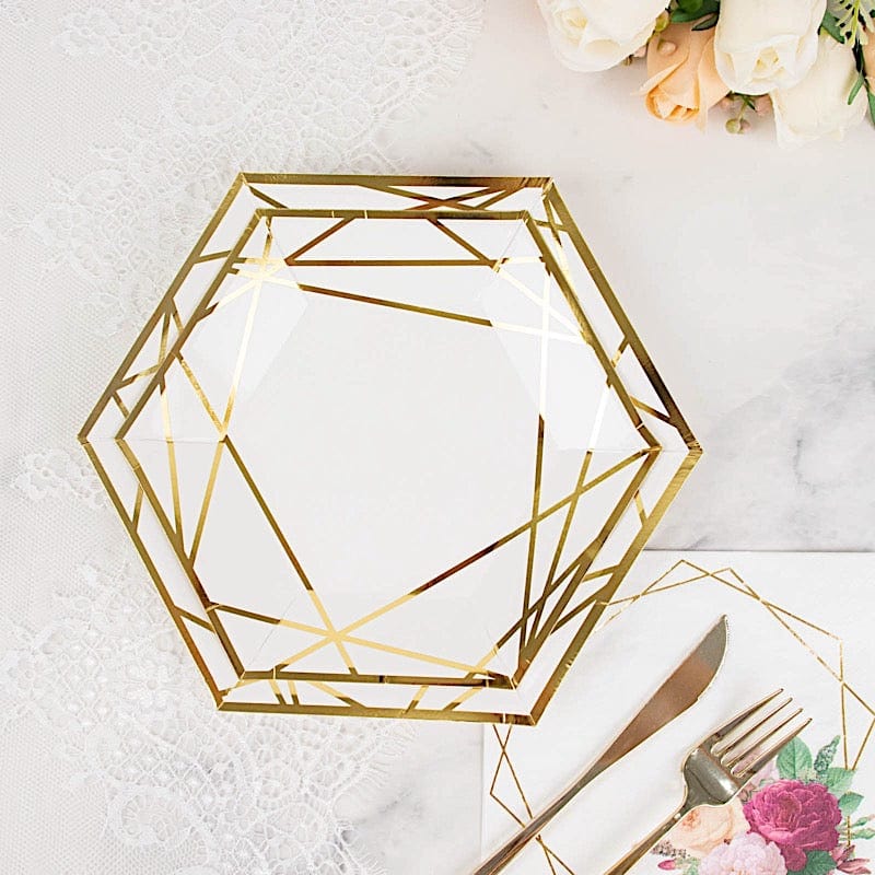 25 Navy Blue Hexagon Disposable Salad Paper Plates with Gold Trim