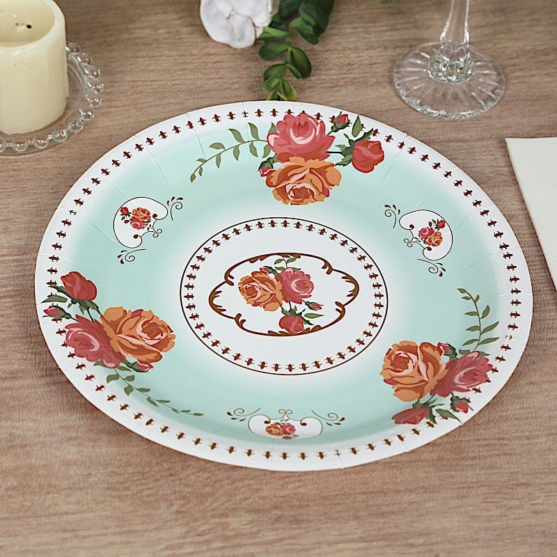 25 Paper Round Disposable Plates with Vintage Rose Flower Print