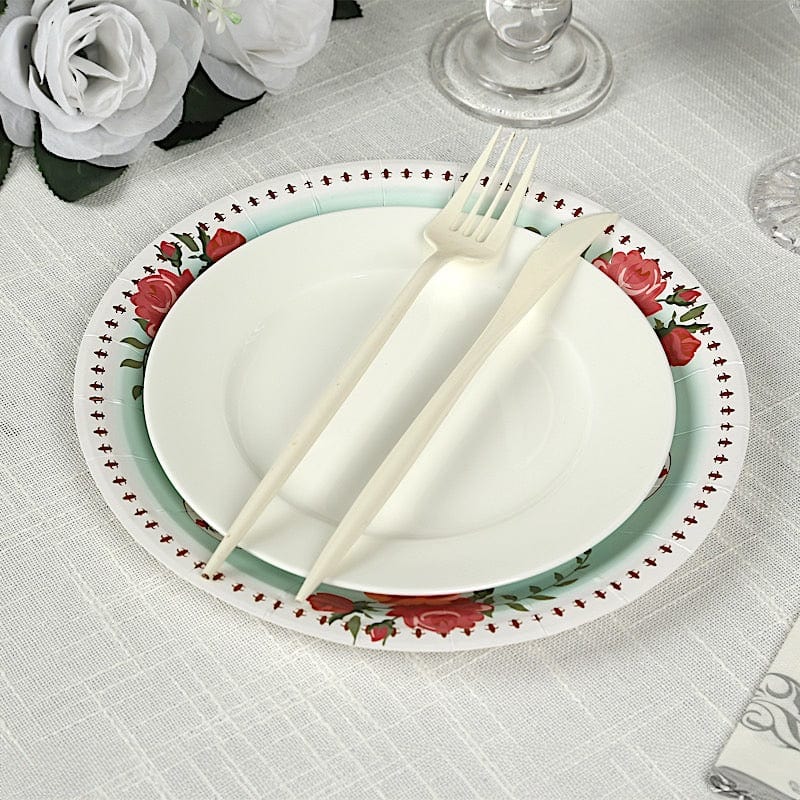 25 Paper Round Disposable Plates with Vintage Rose Flower Print